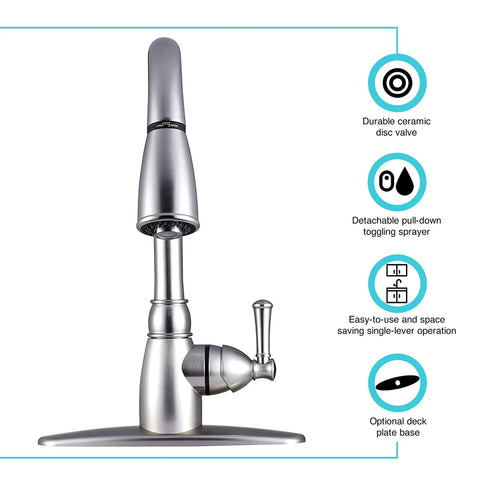 Front view of RV Non Metallic Pull Down Kitchen Sink Faucet With Detachable Sprayer Brushed Satin Nickel Finish Single Lever Handle