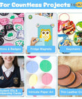 Image of craft projects using Heavy Duty 70mm Circle Punch for DIY Badges and Scrapbooking, including buttons, fridge magnets, and keychains.