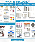 500 Piece Rotary Tool Accessories Kit With Cantilever Organizer Case including various bits and attachments for cleaning, polishing, carving, engraving, drilling, sanding, cutting, and grinding.