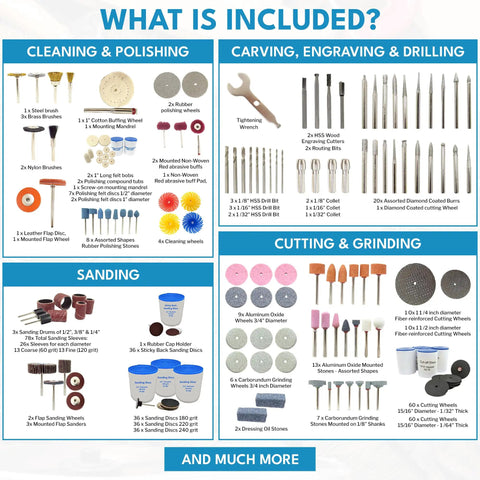 500 Piece Rotary Tool Accessories Kit With Cantilever Organizer Case including various bits and attachments for cleaning, polishing, carving, engraving, drilling, sanding, cutting, and grinding.