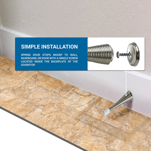 2 Pack Flexible Spring Door Stop Heavy Duty 3 Inch Brushed Nickel Finish Wall Protector installed on baseboard.