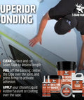 Person applying Peel And Stick Seam Tape For Roof Leaks And Joints on RV roof with Liquid Rubber products displayed.