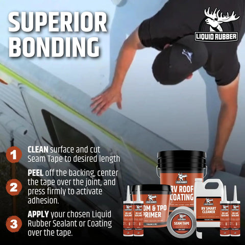 Person applying Peel And Stick Seam Tape For Roof Leaks And Joints on RV roof with Liquid Rubber products displayed.