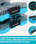 Stacked three piece small parts organizer case with 14 compartments and removable dividers, portable hardware box with clear lids