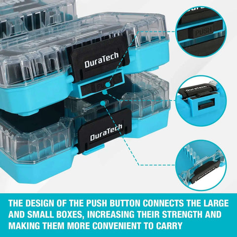 Stacked three piece small parts organizer case with 14 compartments and removable dividers, portable hardware box with clear lids