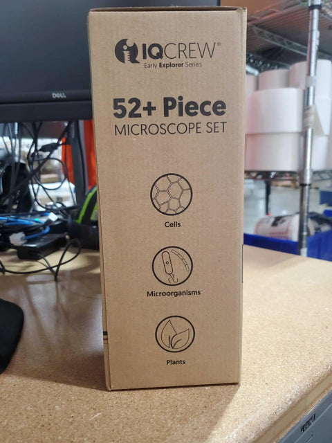 1200X Microscope STEM Kit With 52 Piece Set And Durable Metal Body For Kids Kid Friendly Awesome Science Exploration From 120X To 1200X Educational Microscope For Home Classroom box with cells, microorganisms, and plants icons