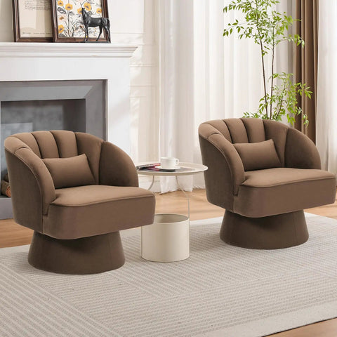 Cozy 360 Degree Swivel Barrel Accent Chair Set With Armrests Brown Modern Curved Back Upholstered Lounge Chairs in living room