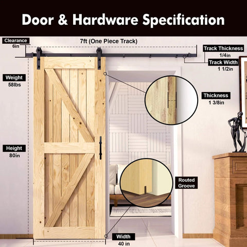 Image showing specifications for Heavy Duty Black Sliding Barn Door Hardware Kit For 40 Inch By 80 Inch Single Door With 7 Foot Flat Track.