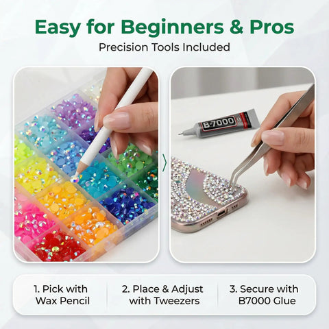 DIY process with Nine Thousand Pcs Rainbow Rhinestones Bedazzling Kit, 5mm Flatback Resin Gems applied to phone case.