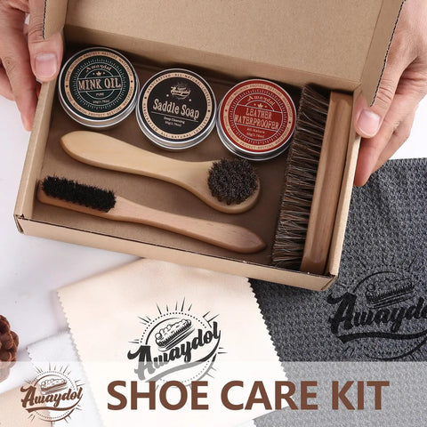 Premium Eleven Piece Leather Care Kit with horsehair brushes and saddle soap for effective shoe care.
