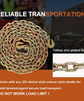 Heavy Duty 3/8 Inch 20 Foot G70 Transport Binder Chain With Clevis Grab Hooks For Towing Logging And Tie Down Binding Equipment Road Ready And Built For Tough Working Loads Safe Working Load High Strength Steel coiled with yellow zinc-plated finish.