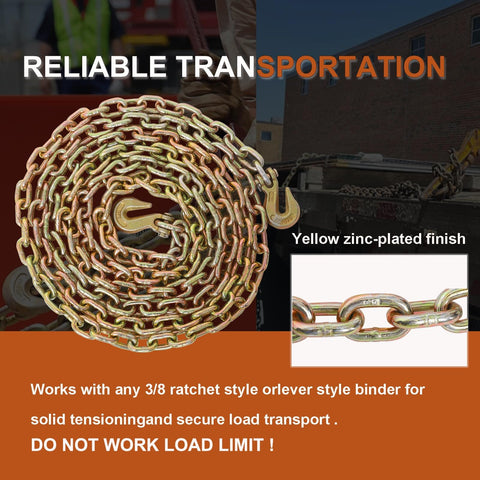 Heavy Duty 3/8 Inch 20 Foot G70 Transport Binder Chain With Clevis Grab Hooks For Towing Logging And Tie Down Binding Equipment Road Ready And Built For Tough Working Loads Safe Working Load High Strength Steel coiled with yellow zinc-plated finish.