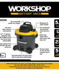 Beast Of A 12 Gallon Wet Dry Shop Vacuum With 5.0 Peak HP in black and yellow, featuring specs and storage options for home garage use.