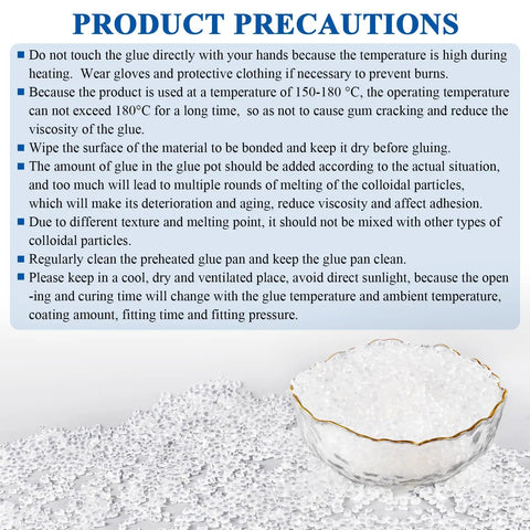 Product precautions for Heavy Duty Hot Melt Edgebander Glue Pellets with details on temperature, bonding, and cleaning.