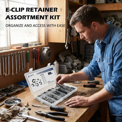 Man organizing 800 Piece E Clip Retaining Ring Kit With 10 Sizes In Manganese Steel Pro Grade E Rings for DIY Projects in workshop