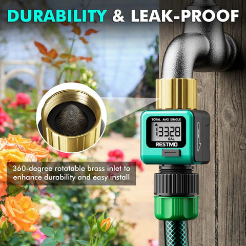 Outdoor installation of Two Pack Heavy Duty Water Flow Meter With Brass Inlet And Metal Threads 4 Measurable Modes on garden hose
