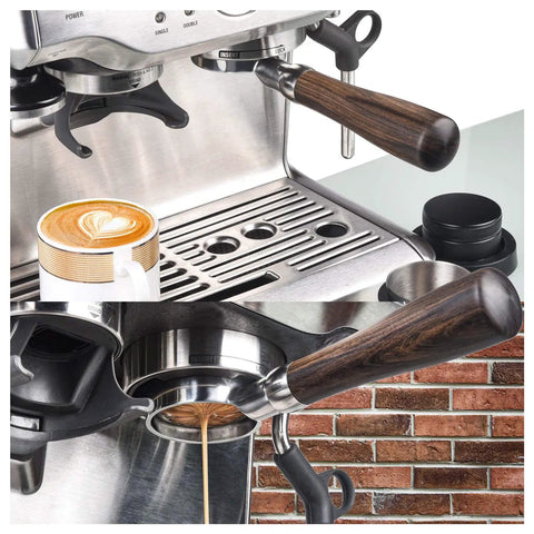 Bottomless 54mm Portafilter Naked for Breville Espresso Machines with Filter Basket showing espresso shot extraction and wooden handle