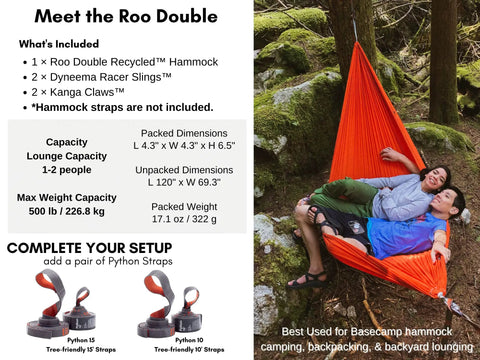 Couple relaxing in Roo Double Hammock With GravitasX Water Resistant Breathable Ripstop Fabric, forest setting, hammock details visible.