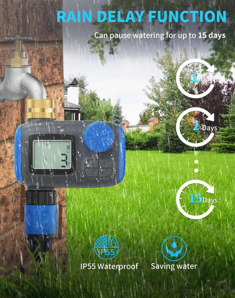 Programmable Hose Timer With Brass Swivel Fittings, Digital Irrigation Controller showing rain delay feature in garden setting.