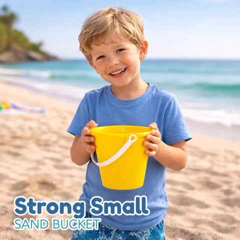 Child holding a yellow bucket from 12 Pack Kids Beach Buckets And Shovels Set Five Point Five Inch Small Sand Toys For Summer Outdoor Play Bulk Party Favors Classroom Gifts End Of Year Teacher Gift on a beach