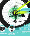 Close-up of the 24 Inch Kids Mountain Bike with 7-speed gears and rear derailleur, designed for boys and girls ages 8 to 12.