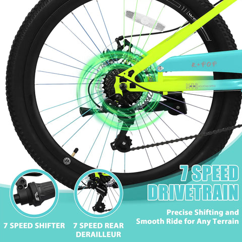 Close-up of the 24 Inch Kids Mountain Bike with 7-speed gears and rear derailleur, designed for boys and girls ages 8 to 12.