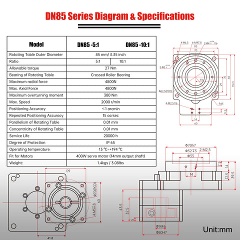 DN85 Series specifications with Hollow Rotary Actuator diagram for precise rotary motion, featuring 60mm 400W AC servo motor.