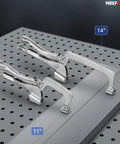 Two Pack 14 Inch Bench Clamp System For Welding Tables Heavy Duty C Clamps With M8 Bolts Deep Reach Jaw Four Seven Eight Inch Throat Five And Five Eighth Inch Table Mounted Ideal For Welding Woodworking Drilling Routing And Assembly, 14-inch clamps on perforated welding table