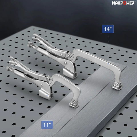 Two Pack 14 Inch Bench Clamp System For Welding Tables Heavy Duty C Clamps With M8 Bolts Deep Reach Jaw Four Seven Eight Inch Throat Five And Five Eighth Inch Table Mounted Ideal For Welding Woodworking Drilling Routing And Assembly, 14-inch clamps on perforated welding table