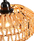 Close-up of Two Pack Mini Rattan Plug In Pendant Lights Hand Woven Boho Ceiling Fixture With Switch showing woven detail and light bulb.