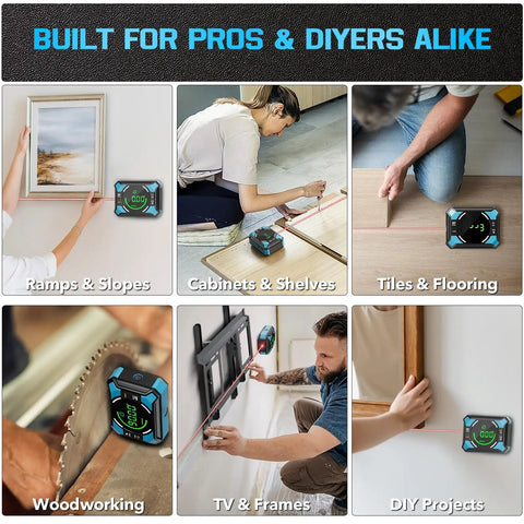 Collage showing 3 In 1 Laser Level With Digital Angle Finder used for ramps, cabinets, flooring, woodworking, TV frames, and DIY projects.
