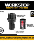 Diffuser Attachment For Wet Dry Vacuum Exhaust Port Reduces Dust Blowing Fits Most Vacuums With Standard Two And A Half Inch Exhaust Port Locking Tab Keeps Diffuser Secure Muffler Style Vacuum Accessory shown with labeled parts