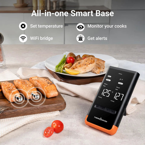 Wireless Bluetooth Smart Meat Thermometer With Sub 1G Range 6 Sensors NIST Certified Accuracy Dual Probes WiFi Enabled next to cooked meat.