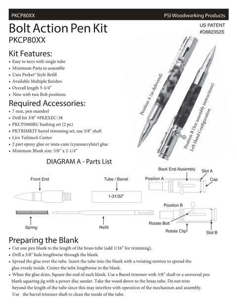 Schematic of Three Piece Bolt Action Bullet Cartridge Ballpoint Pen Woodturning Kit Starter Package with instructions and parts list.