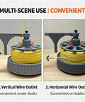 Slick Tangle Free Cable Dispenser, Desktop Wire Spool Reel Stand Featuring Dual Bearing Rotation for Smooth Horizontal and Vertical Cord Feeding, showing vertical and horizontal outlet use.