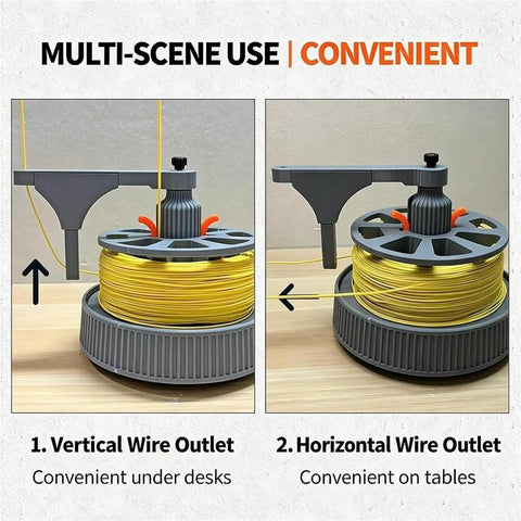 Slick Tangle Free Cable Dispenser, Desktop Wire Spool Reel Stand Featuring Dual Bearing Rotation for Smooth Horizontal and Vertical Cord Feeding, showing vertical and horizontal outlet use.