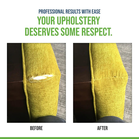 Seam Stitch Repair Kit For Vinyl Fabric Leather And Canvas Restore Damaged Seams On Car Seats Boat Seats Furniture And Clothes Diy Sew Kit With Black And White Thread before and after results on yellow upholstery