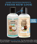 Comparison of old and new labels for Fractionated Coconut Oil Cutting Board Oil For Kitchen Counters, Butcher Blocks, Wooden Bowls And Utensils.