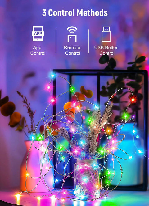 Glowing App Controlled Curtain String Lights with 400 LED Pixel Art, Remote and Bluetooth against blurred interior backdrop