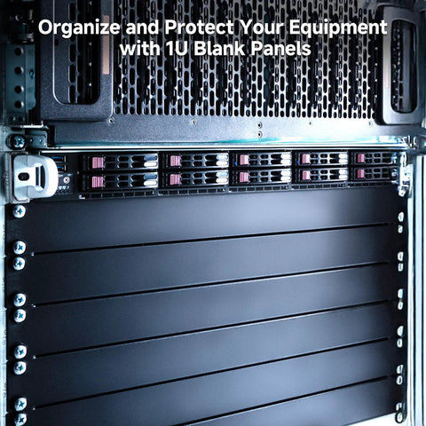Badass 1U Blank Rack Panels For 19 Inch Server Cabinet And Network Rig With Heavy Duty Steel Filler Covers In Sleek Black installed in a rack.