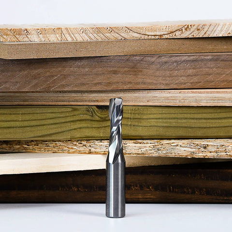 SpeTool spiral router bit, up-cut, 3/8 in diameter, 1/2 in shank, solid carbide for wood carving front view