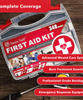 Front view of Swiss Safe large hard-case first aid kit with 348 items and red cross emblem.