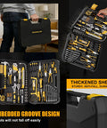 Ultimate 199 Piece Home And Auto Tool Kit Set For DIYers Homeowners And Handymen with open tool box showing organized tools.