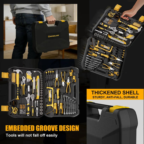 Ultimate 199 Piece Home And Auto Tool Kit Set For DIYers Homeowners And Handymen with open tool box showing organized tools.
