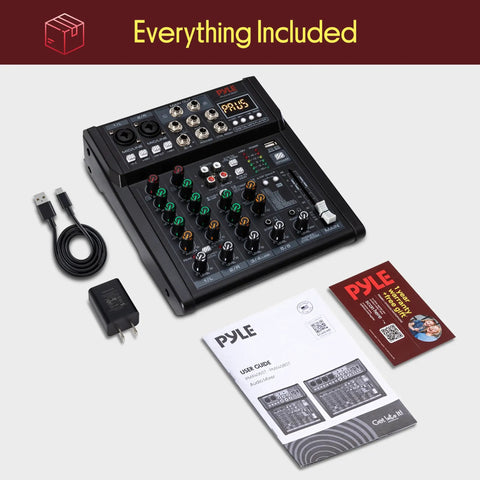 Six Channel Studio Mixer With Bluetooth Road Ready USB Audio Interface Built In MP3 Player DSP Effects shown with accessories