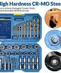 39 Piece Bolt Extractor And Drill Bit Kit For Damaged Fasteners Including Frozen Studs Rusted Rounded Off Bolts And Screws Easy Out Set With Multi Spline Extractors shown in open case with individual bit sizes