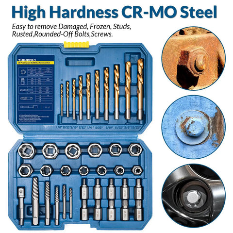 39 Piece Bolt Extractor And Drill Bit Kit For Damaged Fasteners Including Frozen Studs Rusted Rounded Off Bolts And Screws Easy Out Set With Multi Spline Extractors shown in open case with individual bit sizes