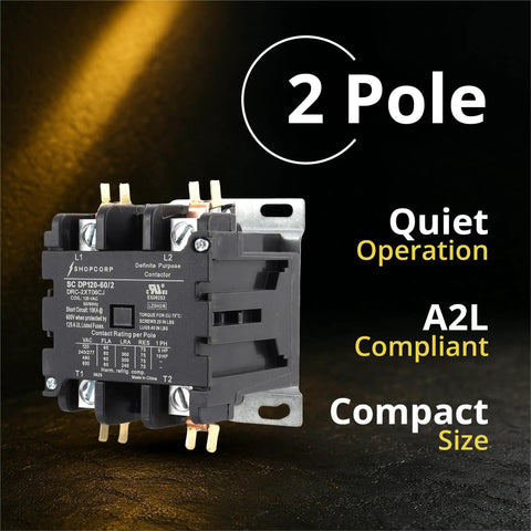 AC Contactor 60 Amp 2 Pole 120V Coil Definite Purpose UL Listed for HVAC Refrigeration and Heat Pumps, compact and quiet.