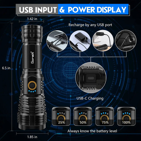 Rechargeable LED Flashlight 20,000 Lumens XHP70.2 Beam with USB input, power display, and USB-C charging.