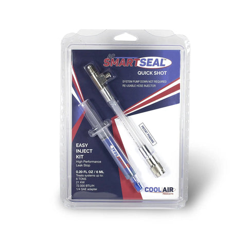 Packaging of SmartSeal Quick Shot AC Leak Sealer And Cool Upgrade, showing reusable injector hose and label details.
